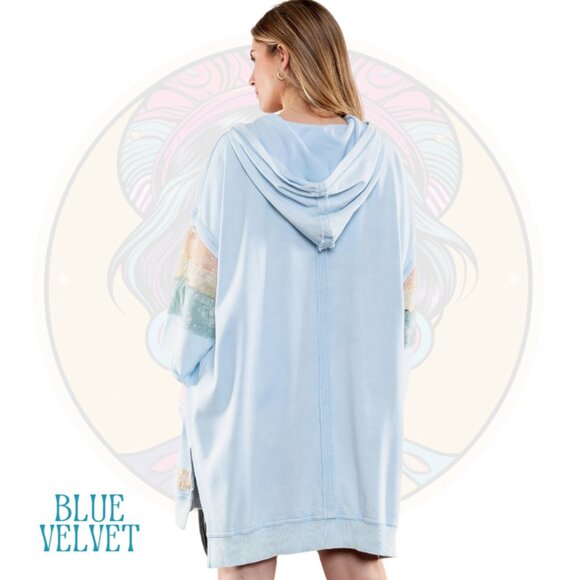 7V BLUE VELVET Mineral Wash Patchwork Long Hoodie in Blue - Picture 2 of 2